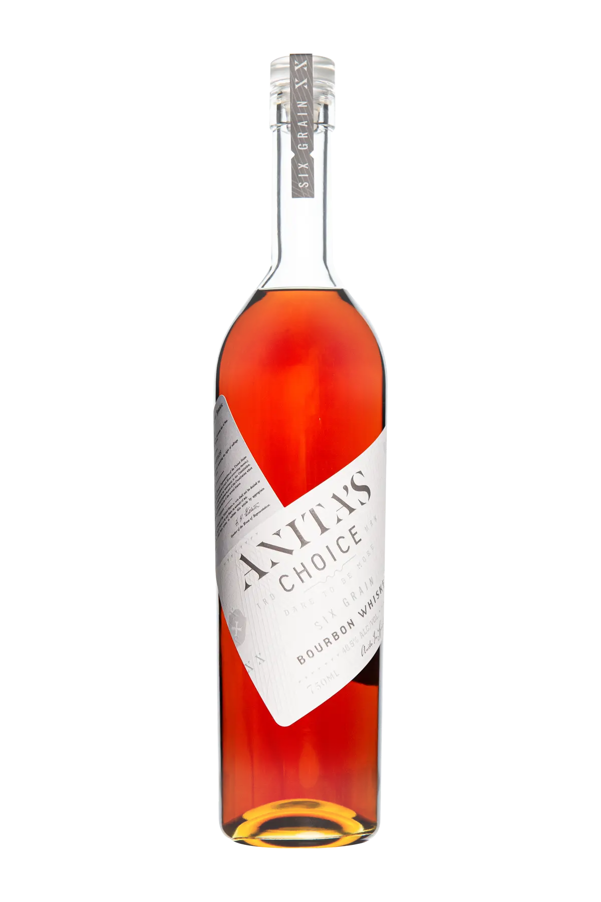 Bottle of Anita's Choice bourbon whiskey on a white background