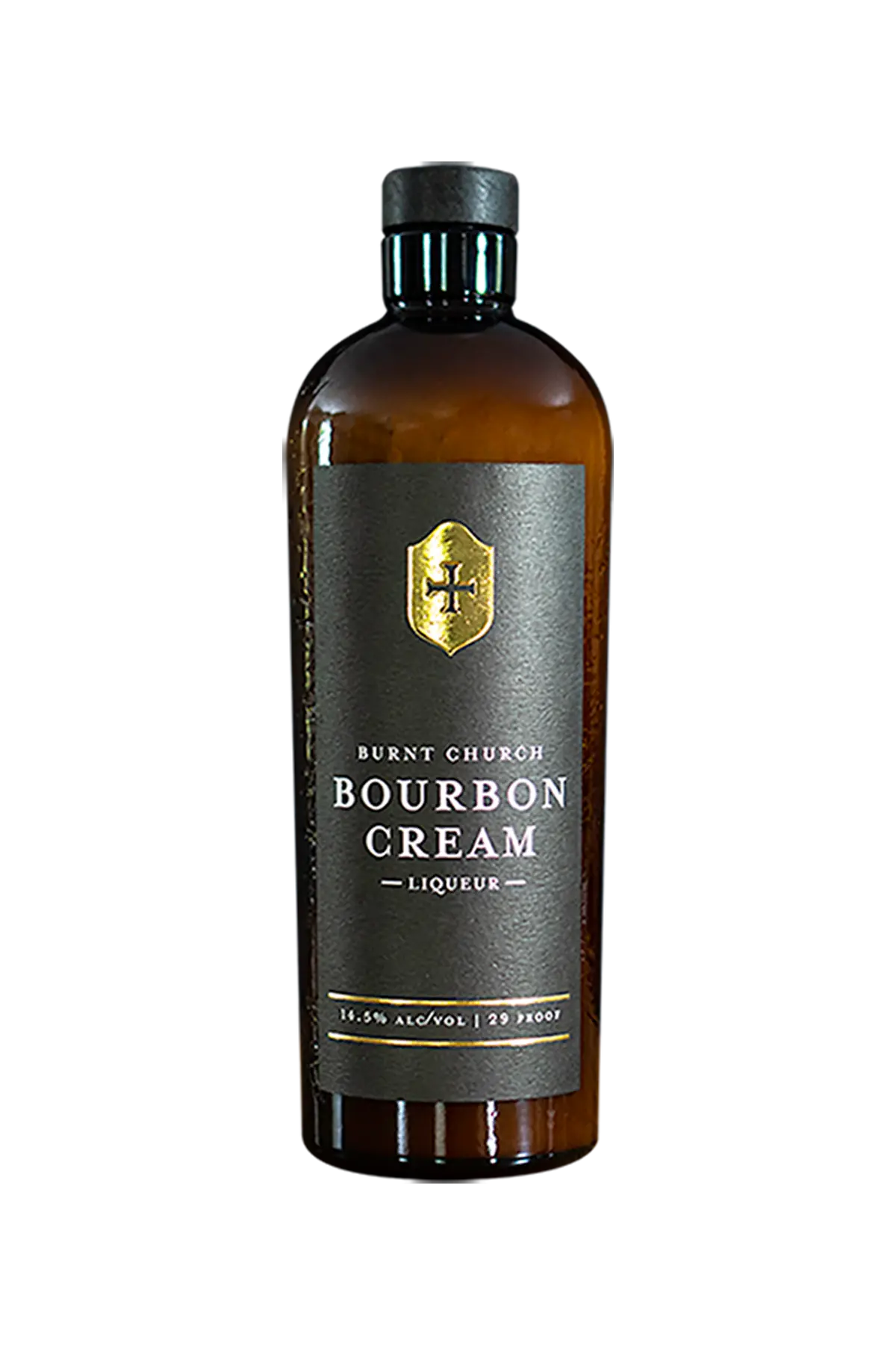 Bottle of Burnt Church Bourbon Cream Liqueur on a white background