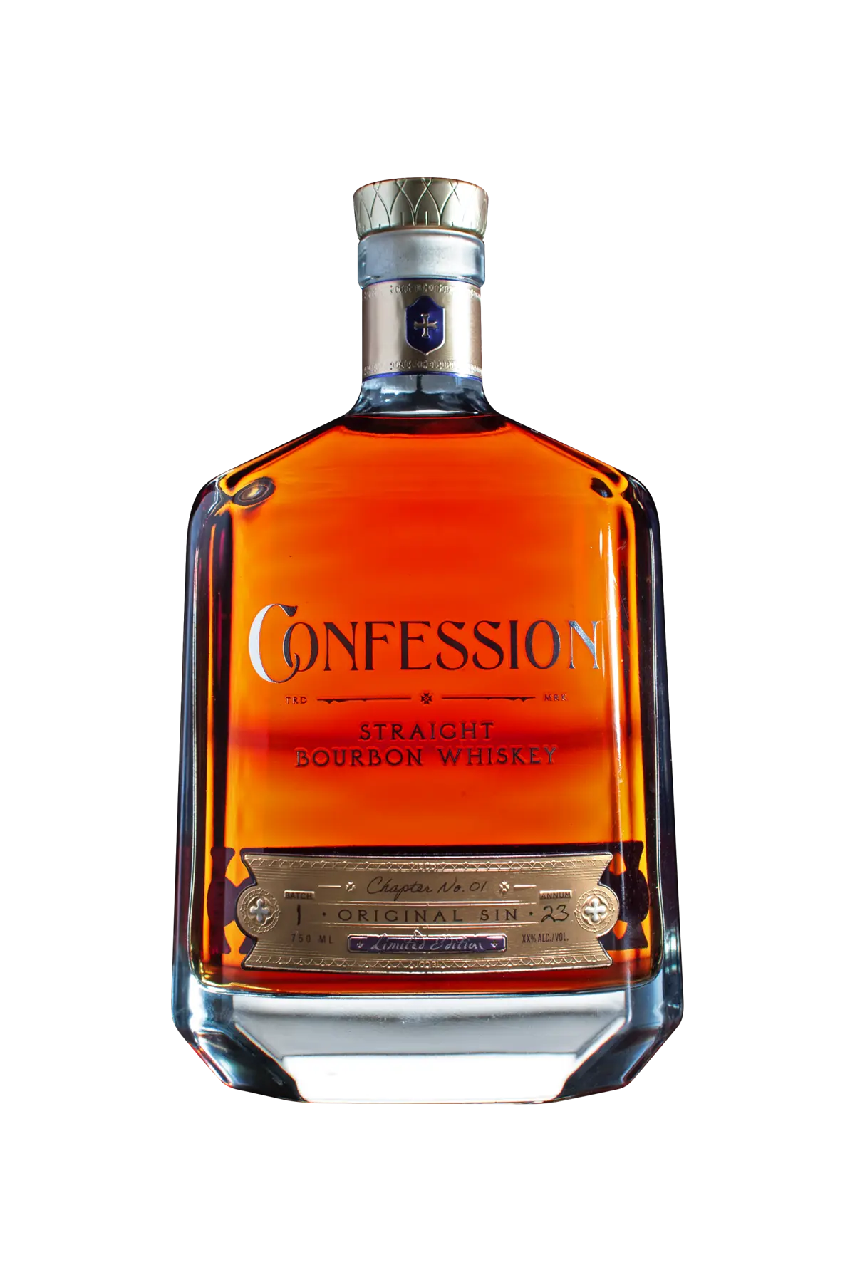 Bottle of Confession Straight Bourbon Whiskey on a white background