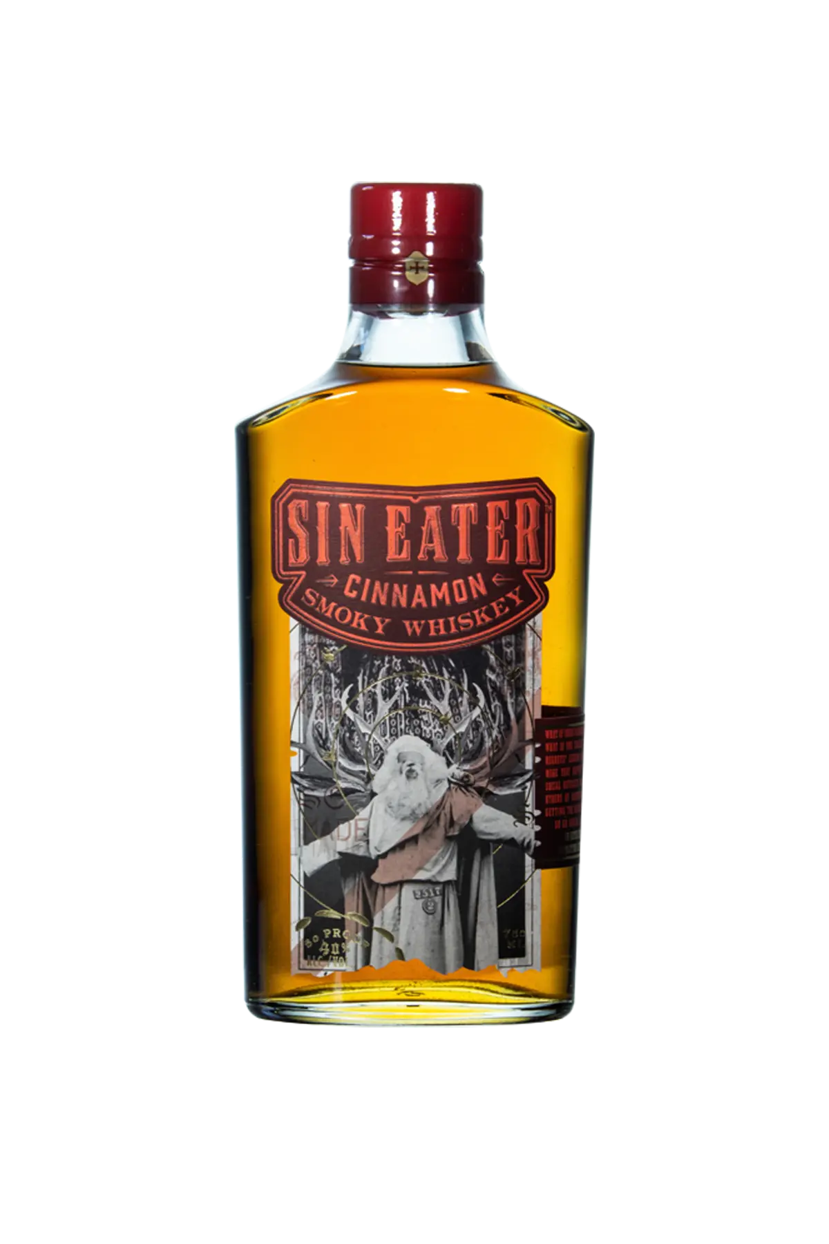 Bottle of Sin Eater Cinnamon Smoky Whiskey on a white background