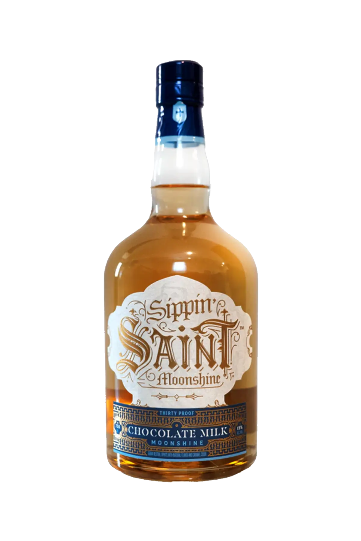 Bottle of Sippin' Saint Moonshine Chocolate Milk on a white background