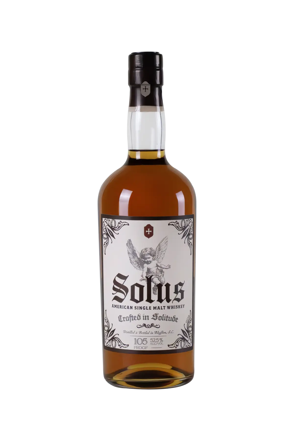 Bottle of Solus American Single Malt Whiskey on a white background